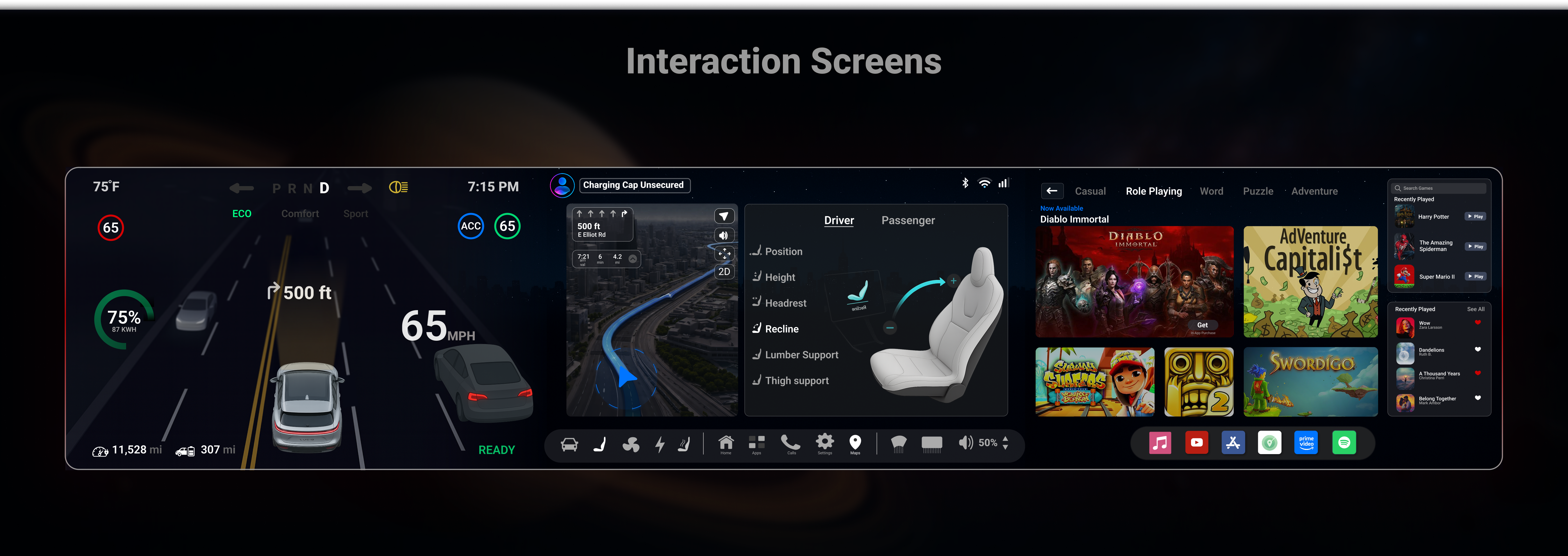 Seat controls: Position, Height, Headrest, Recline, Lumbar, Thigh